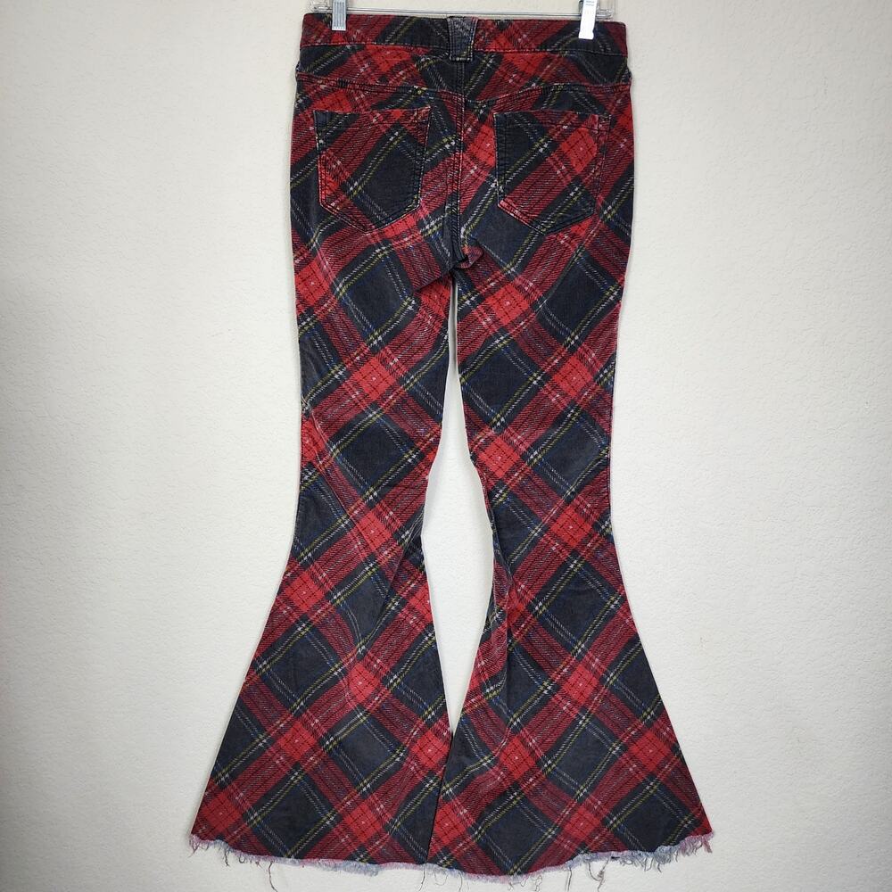 Free People Red Plaid Flare Wide Leg Jeans - Picture 3 of 5